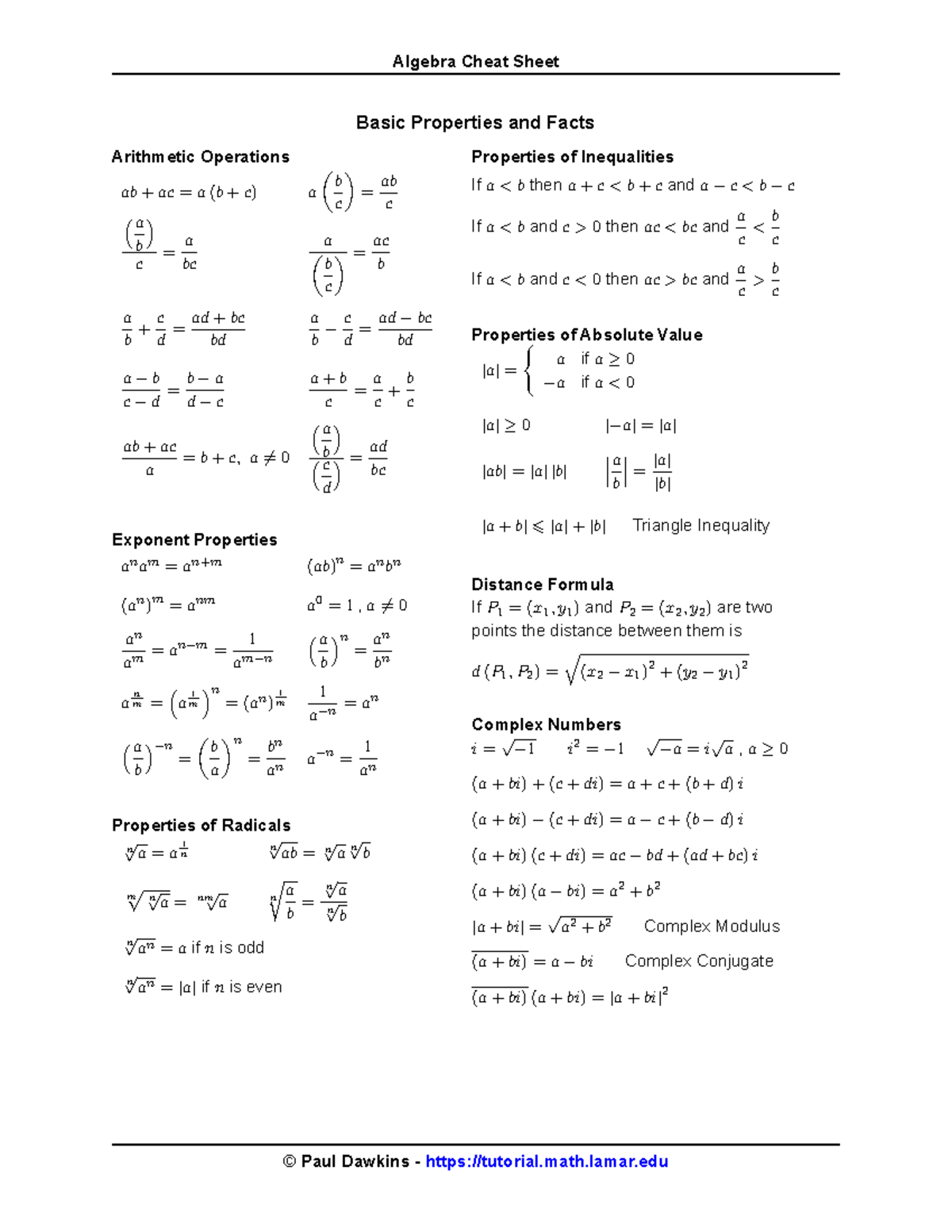 Algebra - Basic Properties and Facts Arithmetic Operations ab + ac = a ...