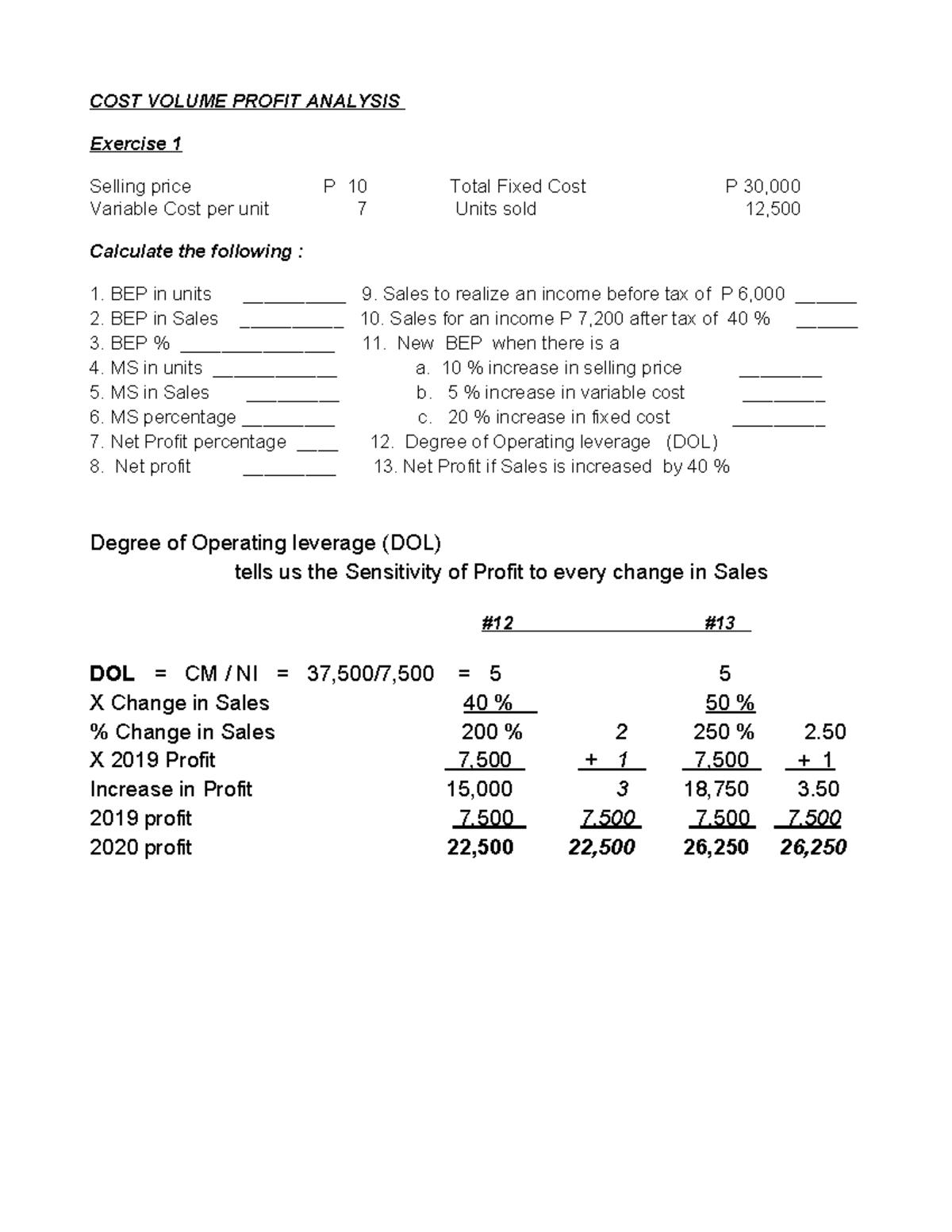 COST VOLUME PROFIT ANALYSIS: Exercise 1 & 2 Solutions - Studocu