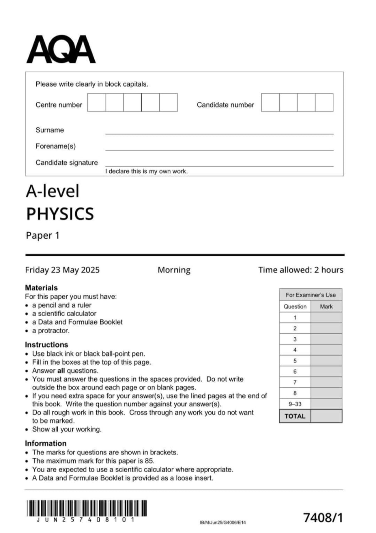 AQA A Level Physics Paper 1 JUNE 2025 Worked Exam Solutions - Studocu
