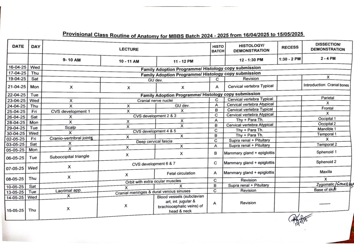 Provisional Class Routine for Anatomy MBBS Batch 2024-2025 - Studocu