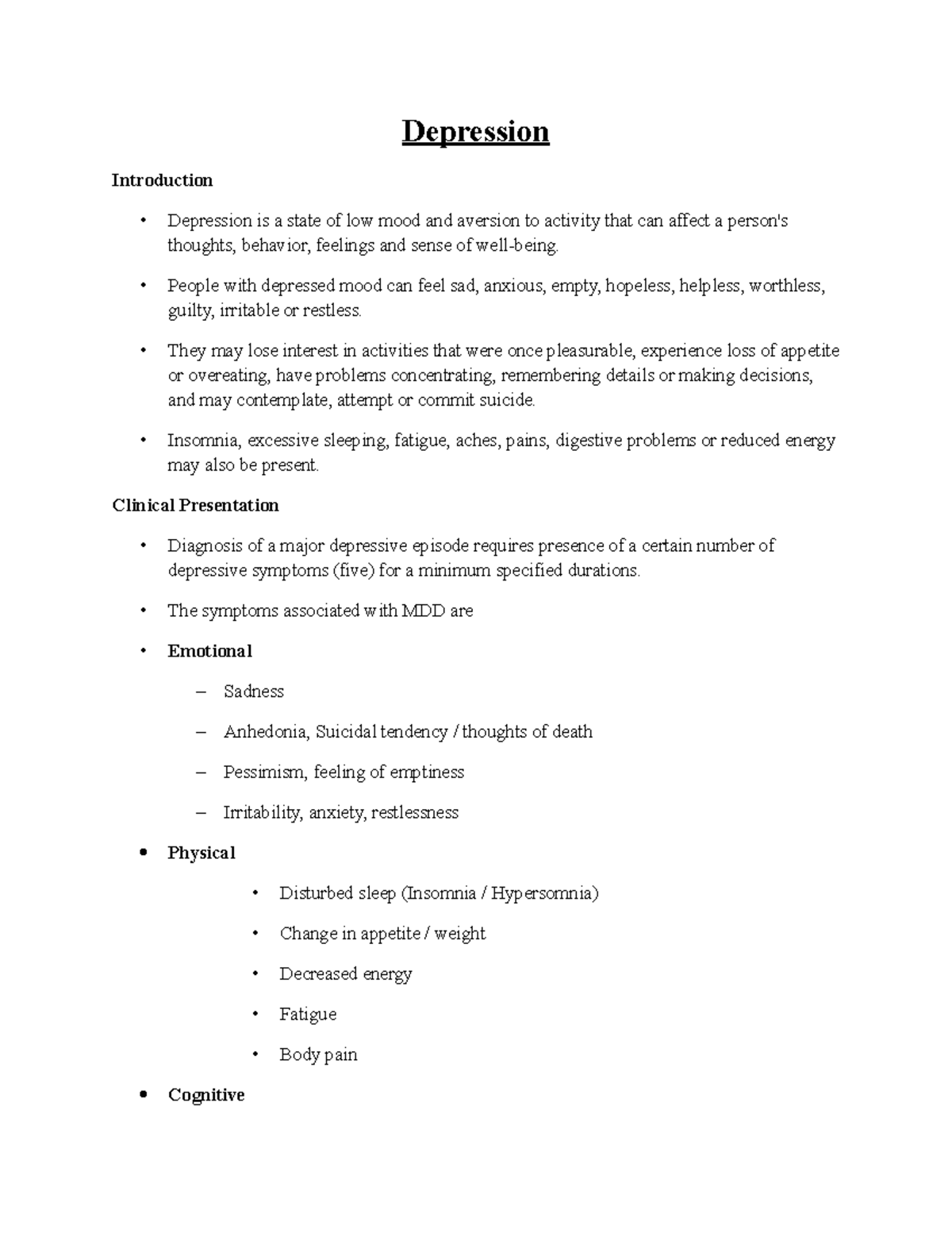Depression Lecture Notes - Overview, Symptoms, and Treatments - Studocu