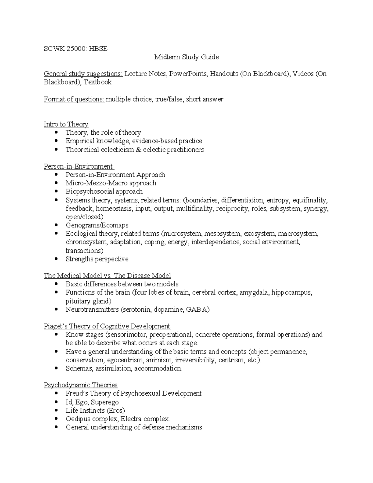 SCWK 25000: Midterm Study Guide on Theoretical Approaches and ...