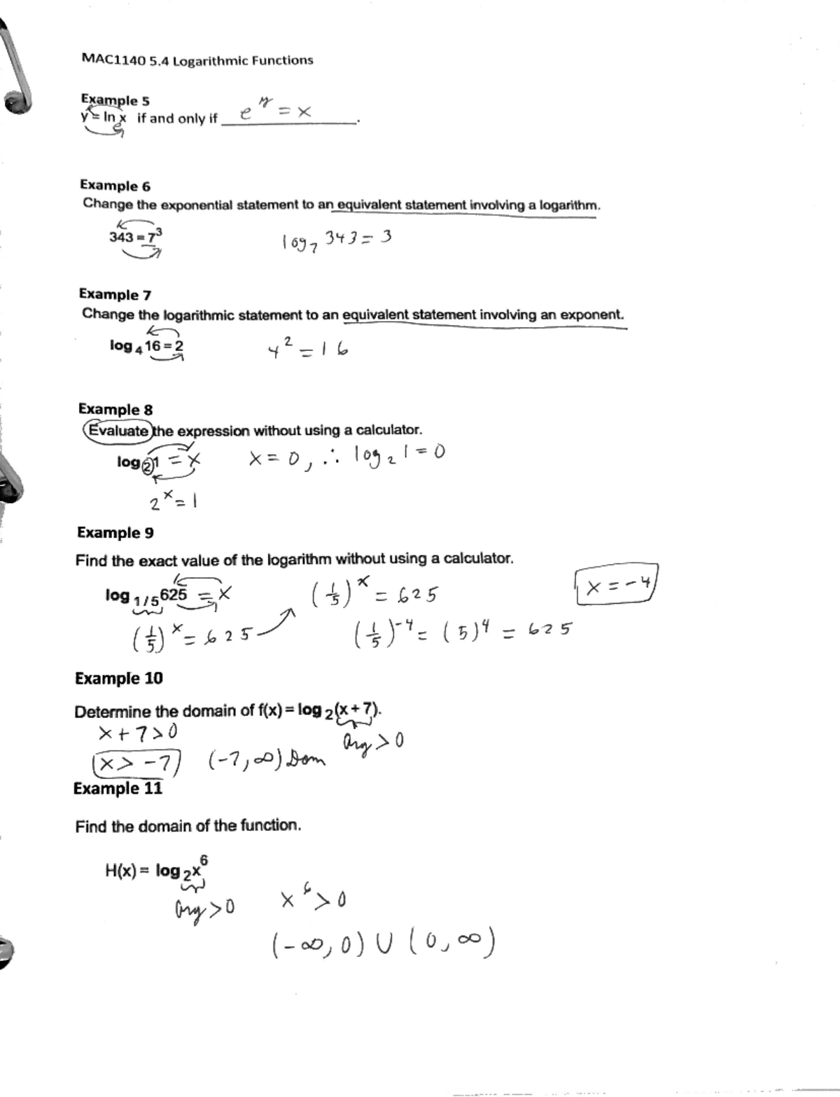 Part 2 mod 2 notes - MAC1140 5 Logarithmic Functions Example 5 e th G ...