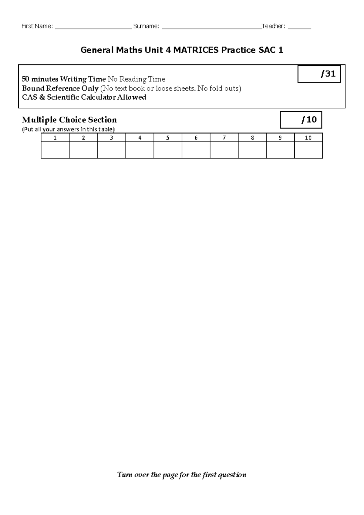 General Maths Unit 4: Matrices Practice SAC 1 Guide - Studocu