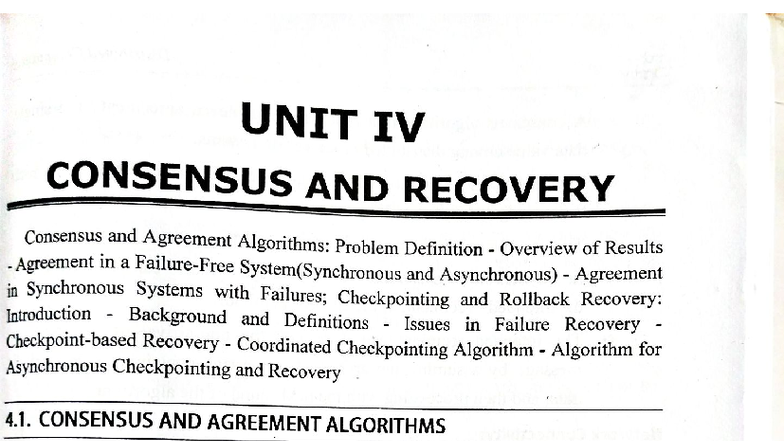 DC UNIT IV - Consensus and Recovery Algorithms Overview - Studocu