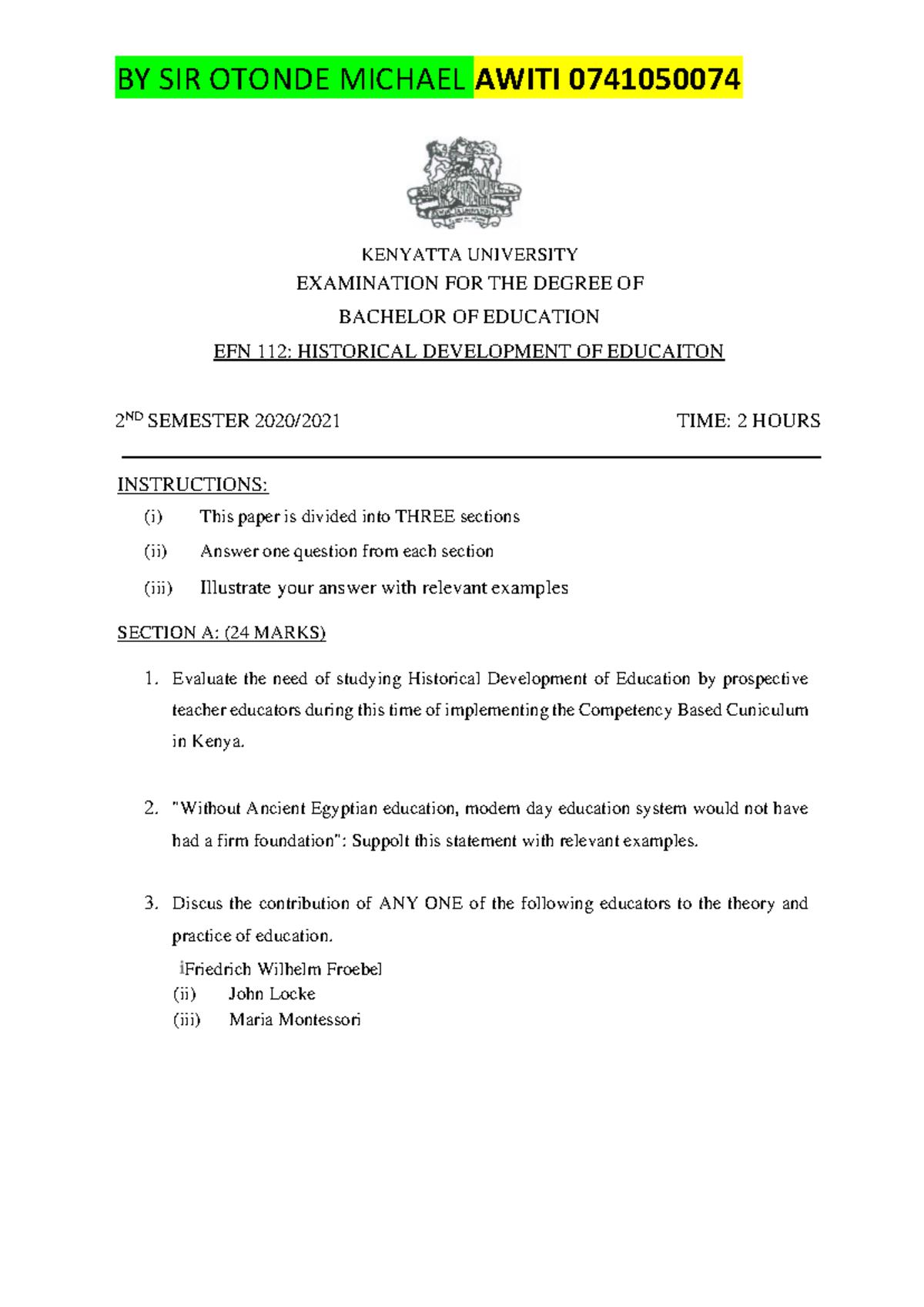 EFN 112 Final Exam Past Papers by Sir Otonde Michael (2020/2021) - Studocu