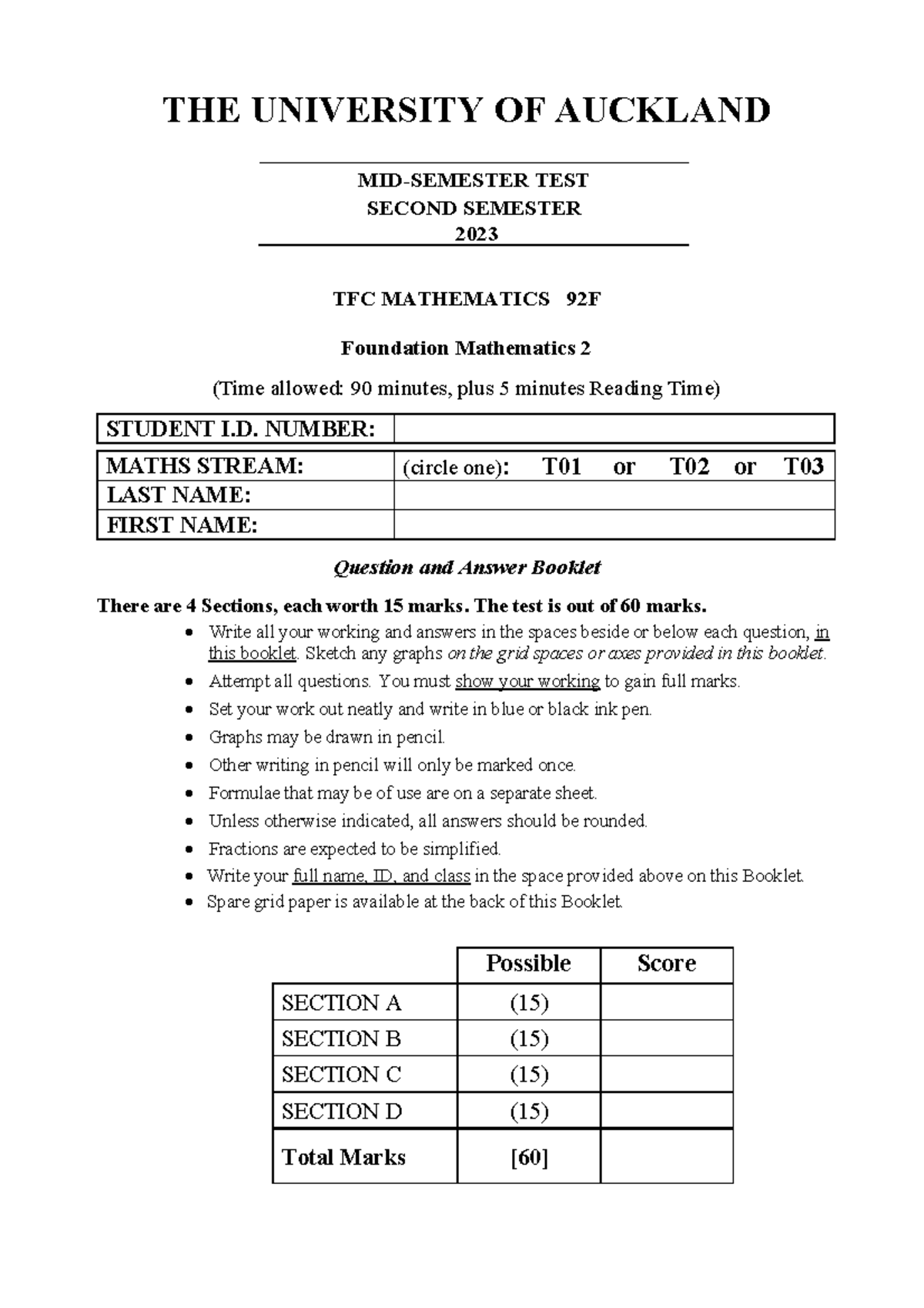 TFC Mathematics 92F - Test Paper - Second Semester 2023 - Studocu