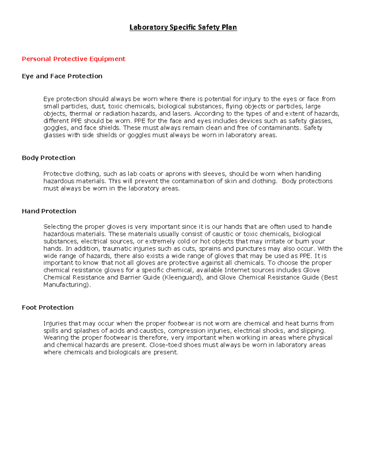 Laboratory Safety Plan: PPE Guidelines and Spill Response Procedures ...