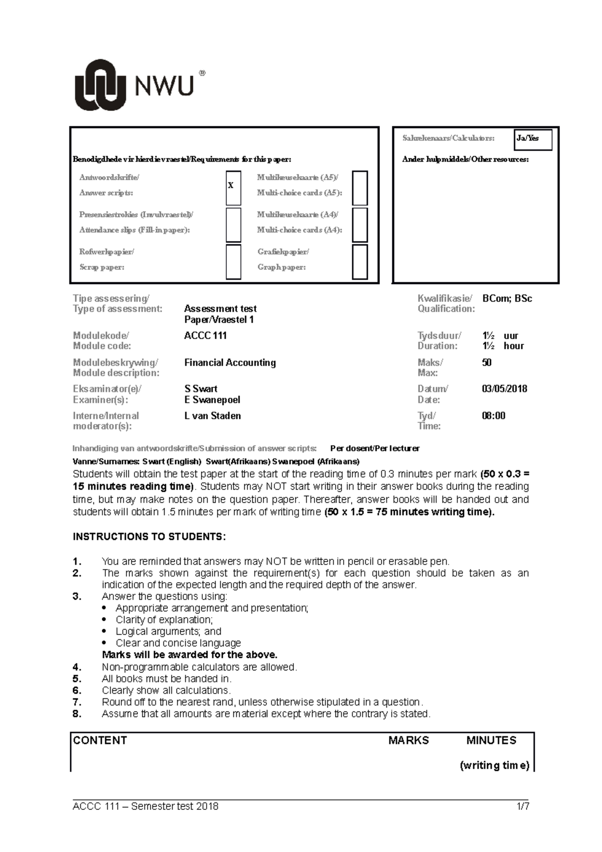 ACCC 111 - 2018 Semester Test: Financial Accounting Requirements and ...