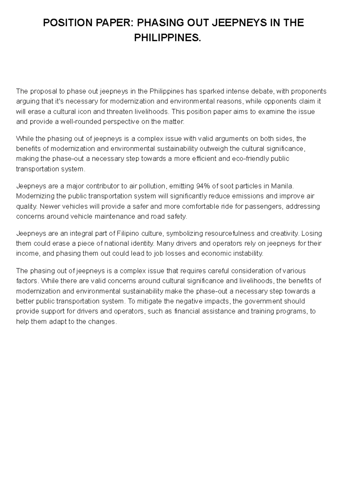 Position Paper: Phasing Out Jeepneys in the Philippines - Studocu