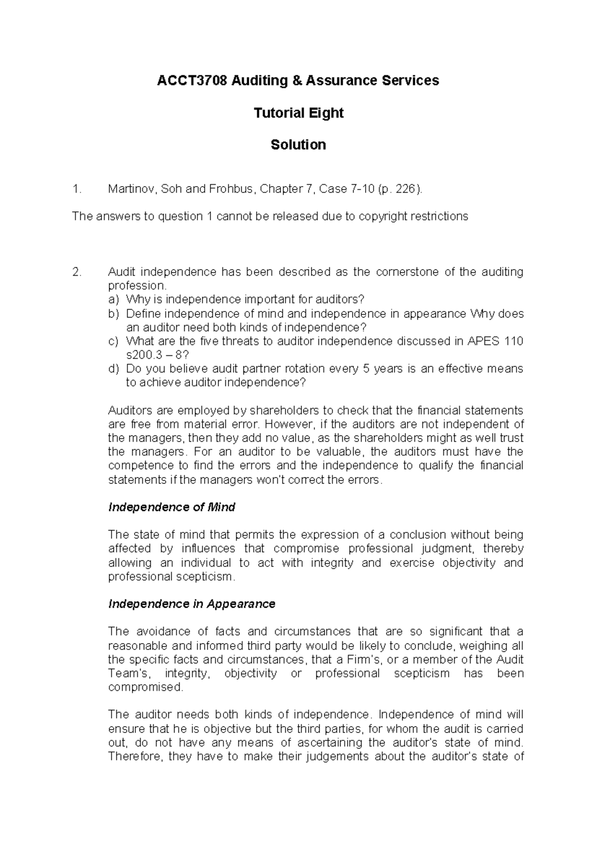 ACCT3708 Auditing Assurance Services Week 9 Tutorial Solutions - Studocu