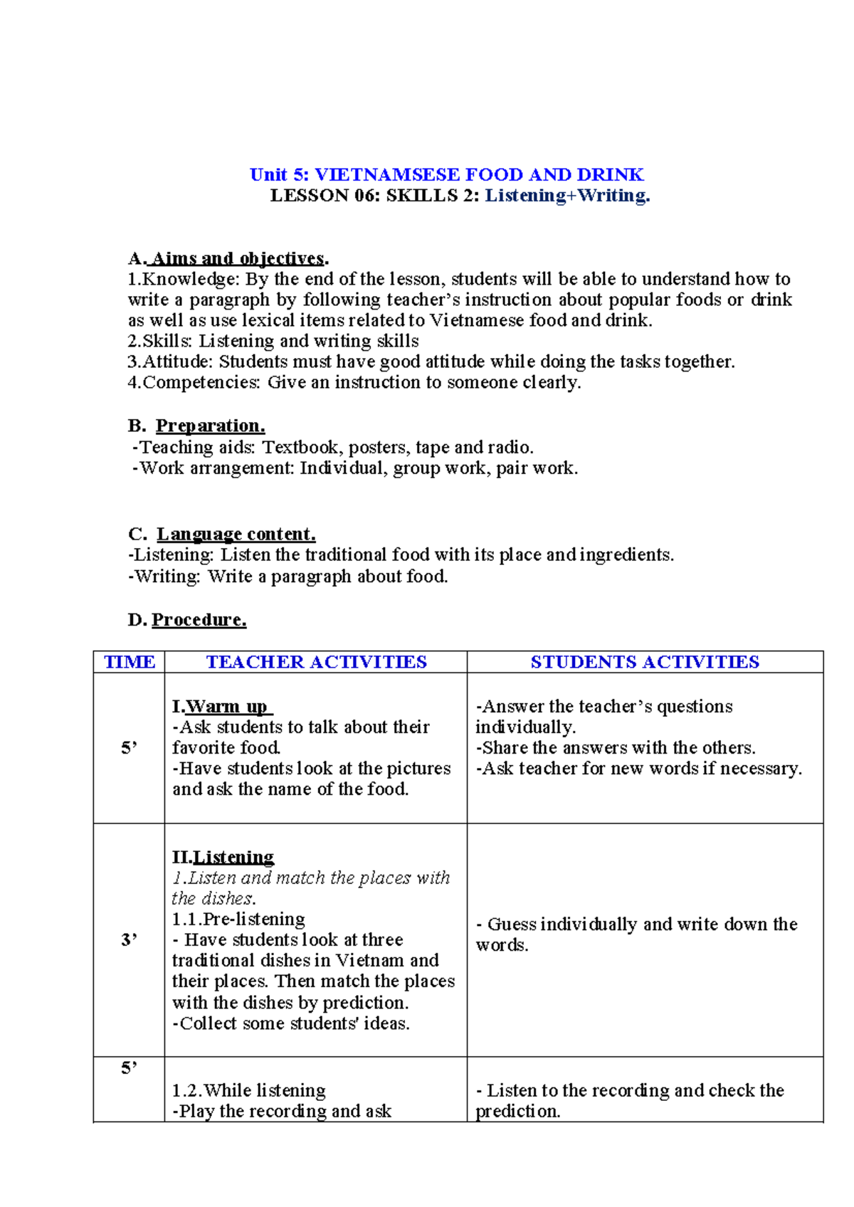 Le thi ngoc bich - lesson plan - Unit 5: VIETNAMSESE FOOD AND DRINK ...