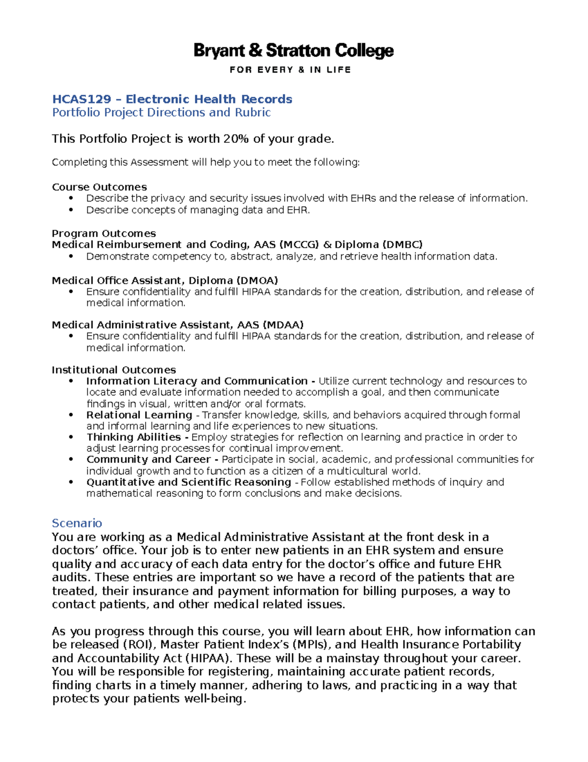 HCAS129 - Portfolio Project Guidelines & EHR Assessment Rubric - Studocu