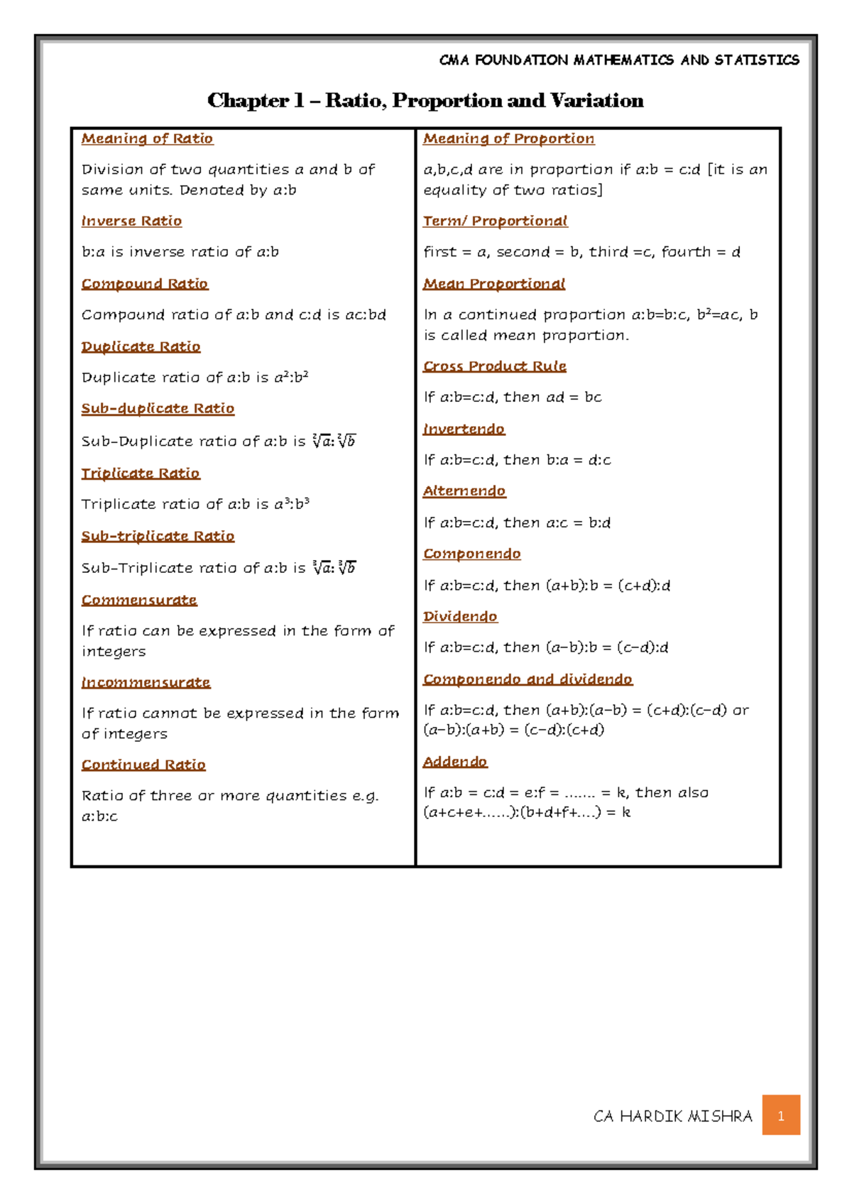 CMA FOUNDATION MATHEMATICS AND STATISTICS Chapter 1: Ratios, Variations ...