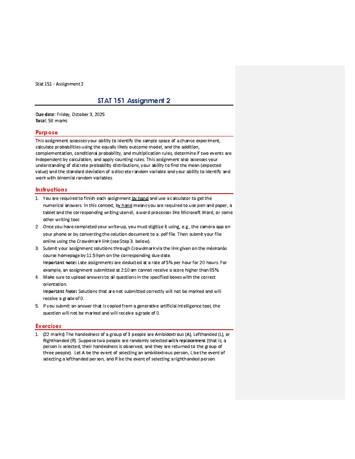 Assignment 2: STAT 151 - Probability and Discrete Distributions Notes ...