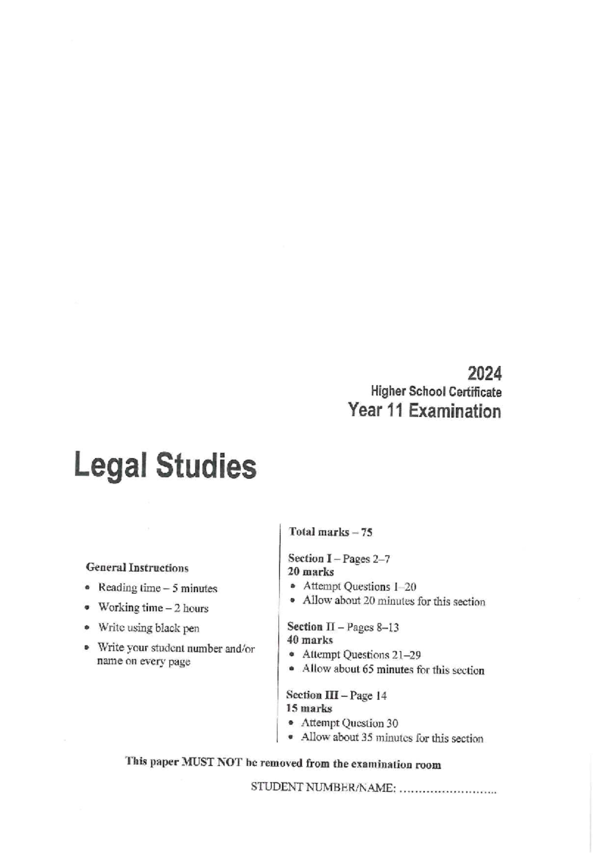 Legal Studies Year 11 HSC Exam 2024 - Total Marks 75 - Studocu