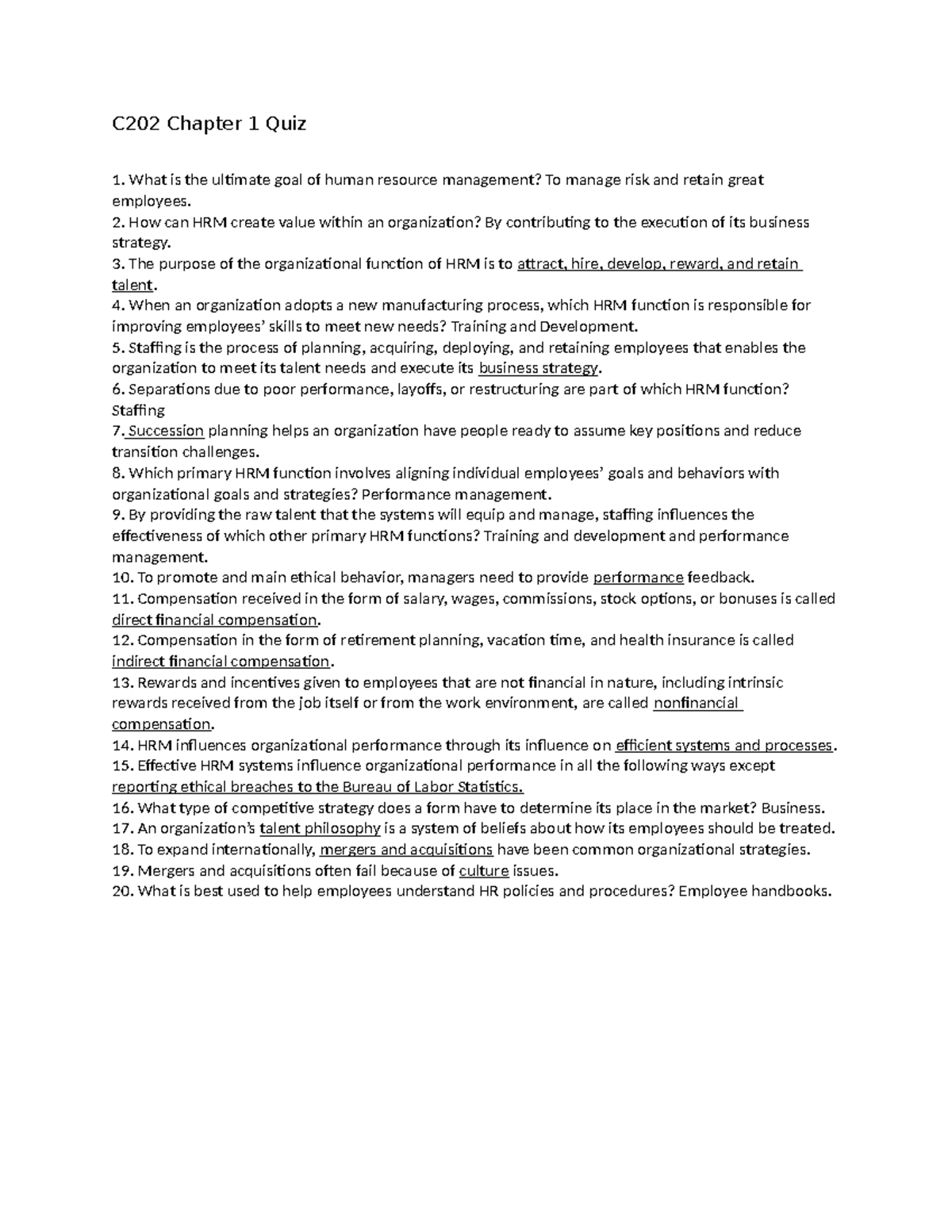 C202 Chapter 1 Quiz: Key Concepts in Human Resource Management - Studocu