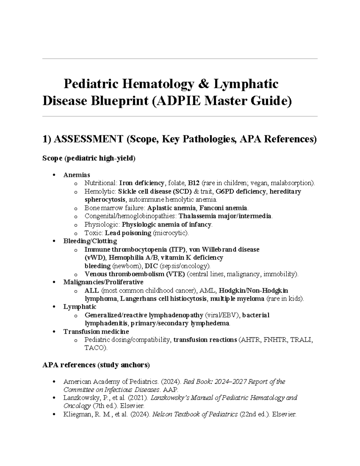 Pediatric Hematology & Lymphatic Disease Blueprint (ADPIE Guide) - Studocu