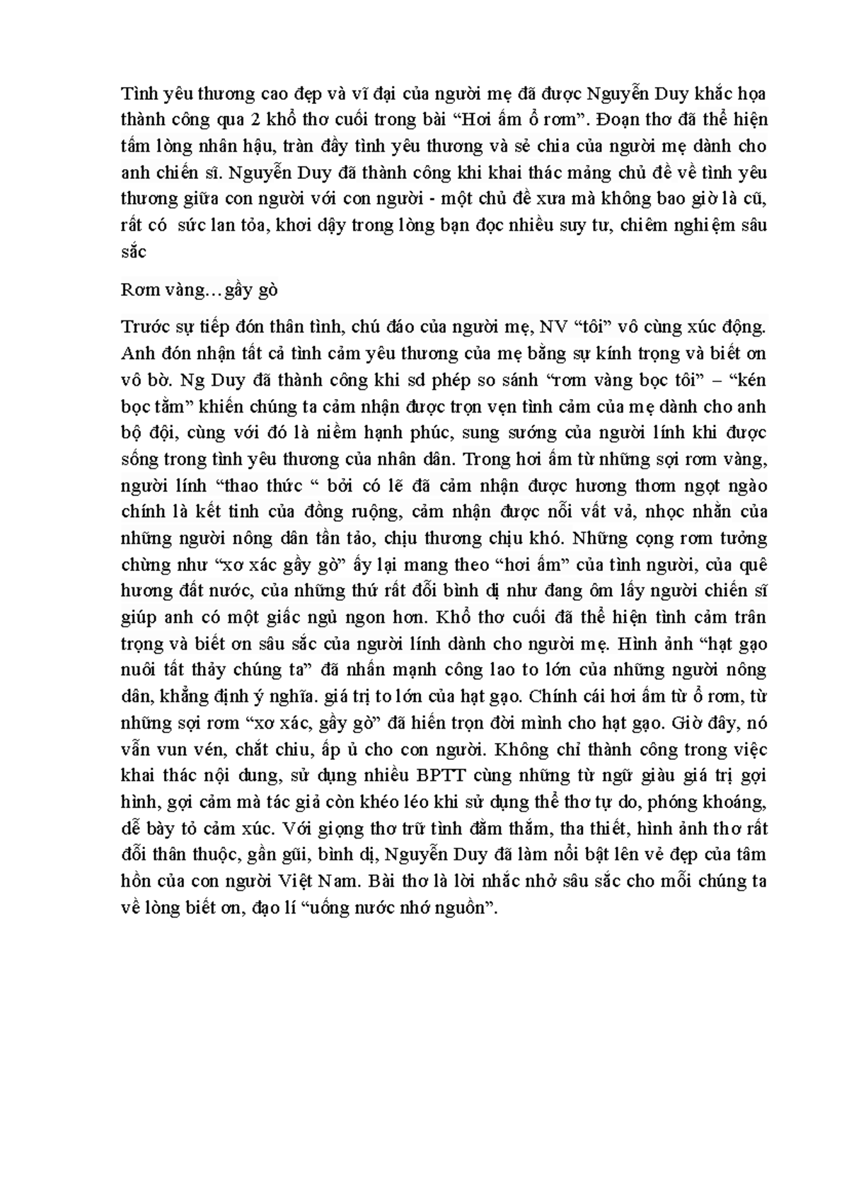 Hơi ấm ổ rơm: Tình yêu thương của mẹ trong thơ Nguyễn Duy - Studocu