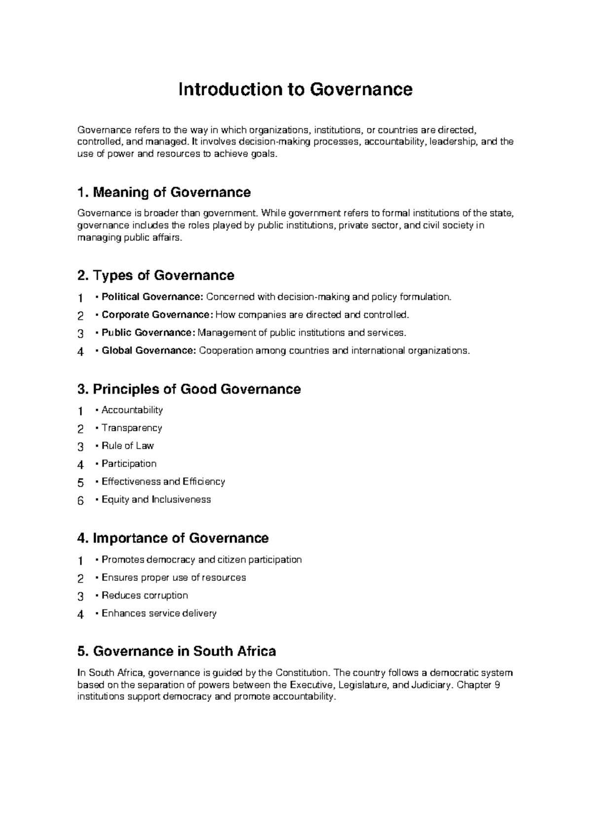 Introduction to Governance Notes: Key Concepts and Principles - Studocu