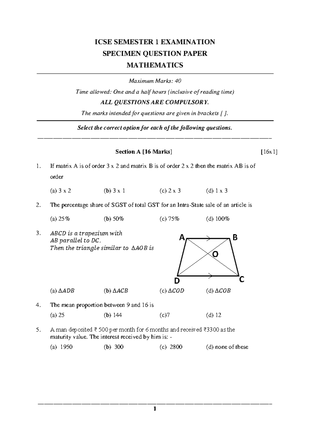 Mathematics 19 - ICSE Semester 1 Exam Specimen Question Paper - Studocu