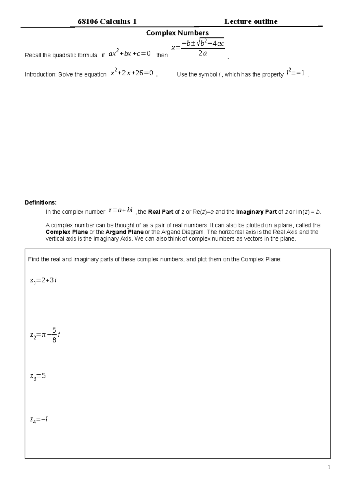 68106 Calculus 1 Lecture Outline: Complex Numbers & Polar Forms - Studocu