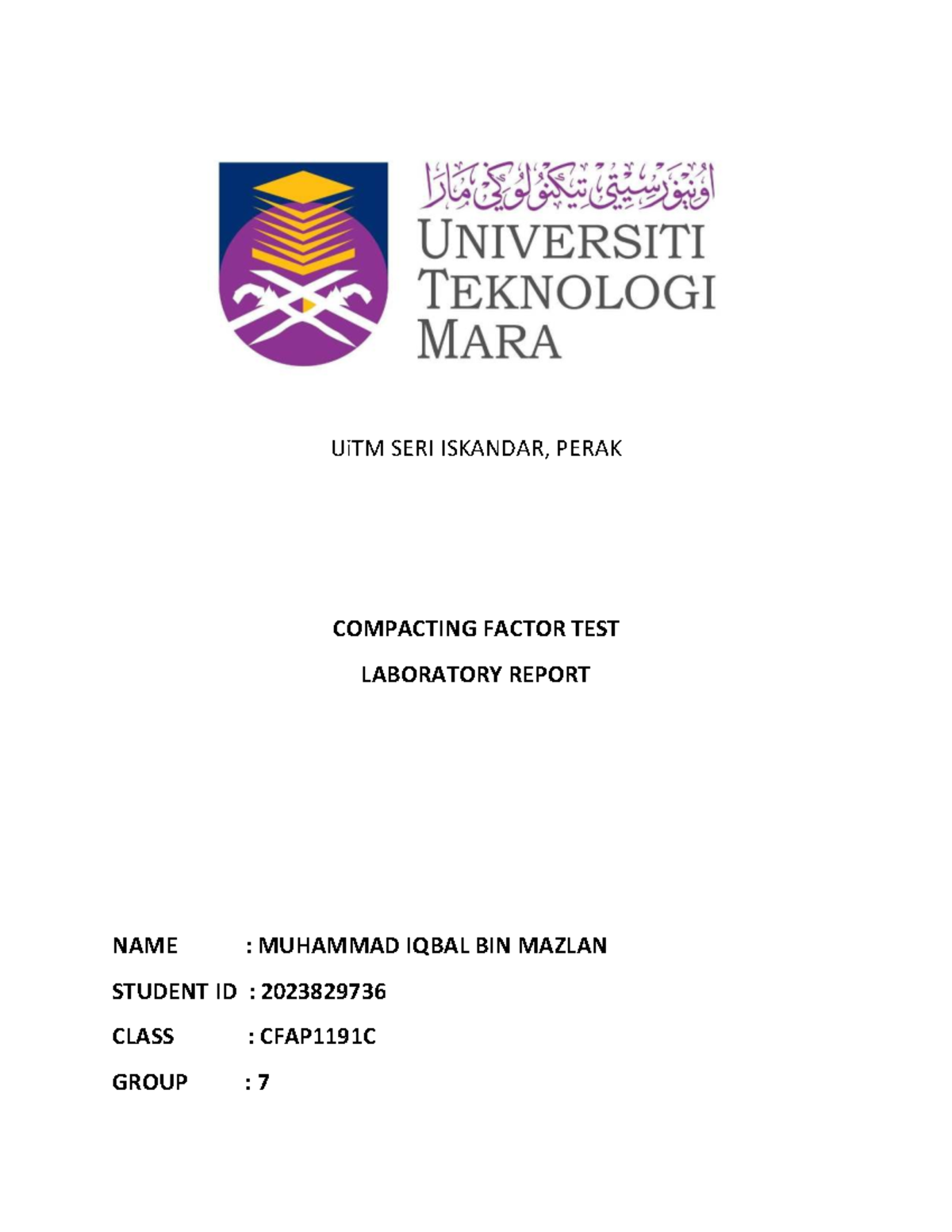 CFAP1191C Compaction Factor Test Laboratory Report - Studocu