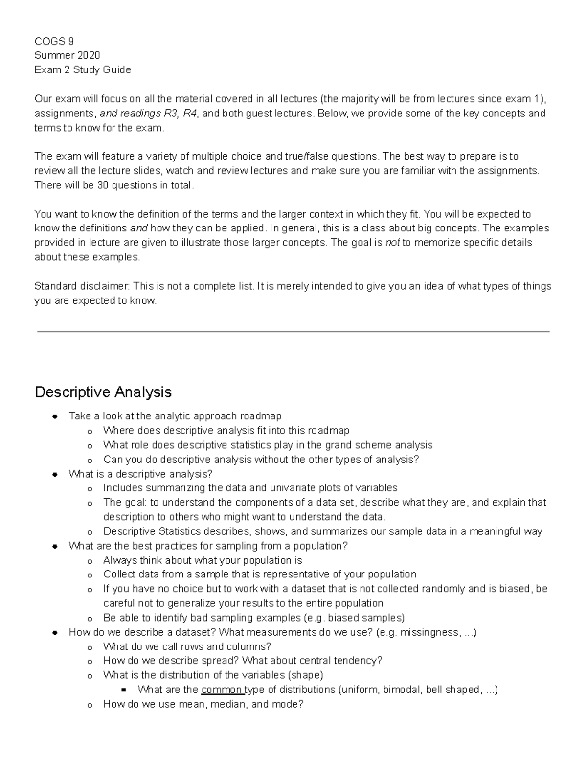 COGS 9: Exam 2 Study Guide for Descriptive and Exploratory Analysis ...