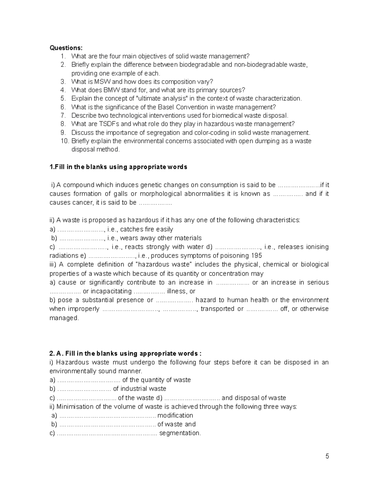 Solid Waste Management Questions & Answers for Exam Preparation - Studocu