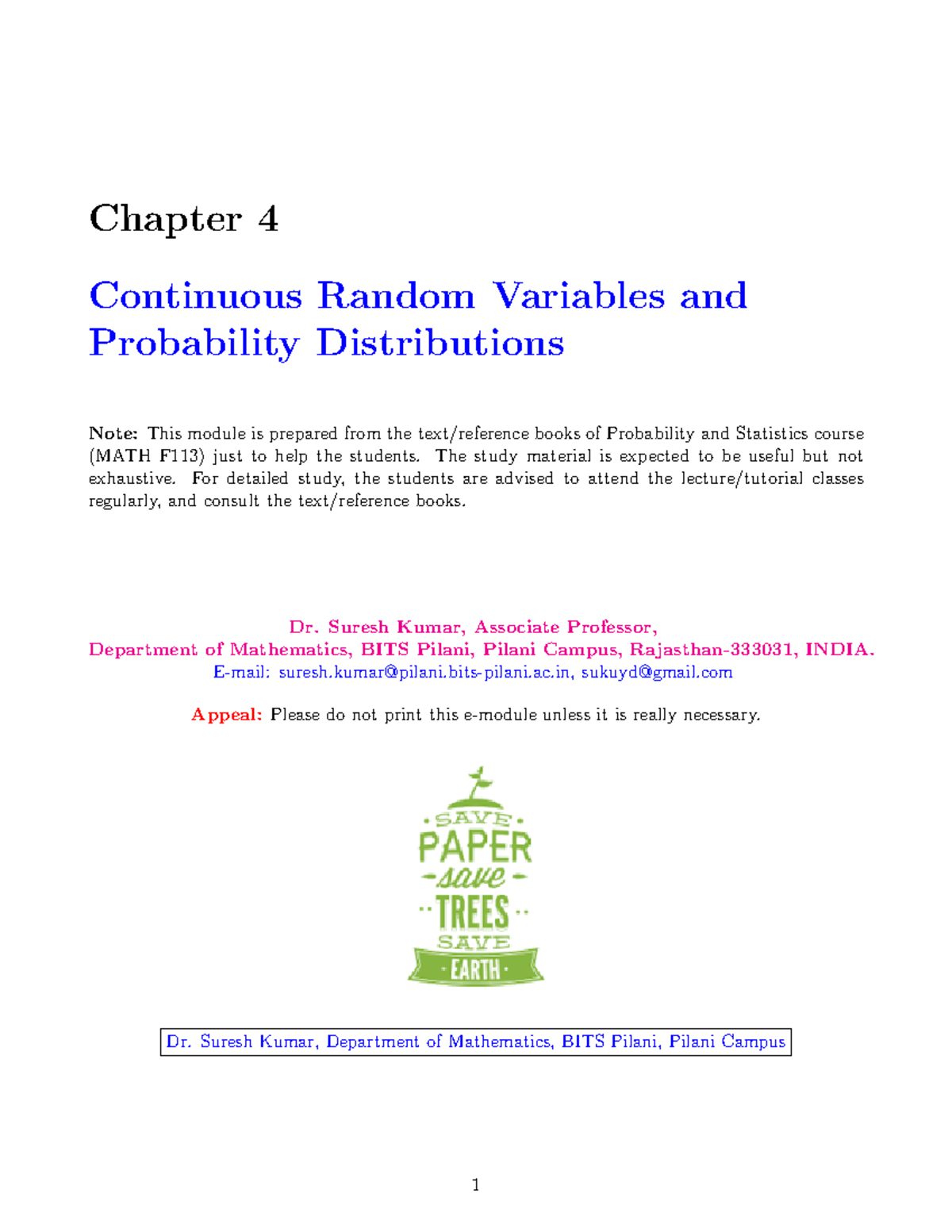 Chapter 4 - Continuous Random Variables & Probability Distn. (MATH F113 ...
