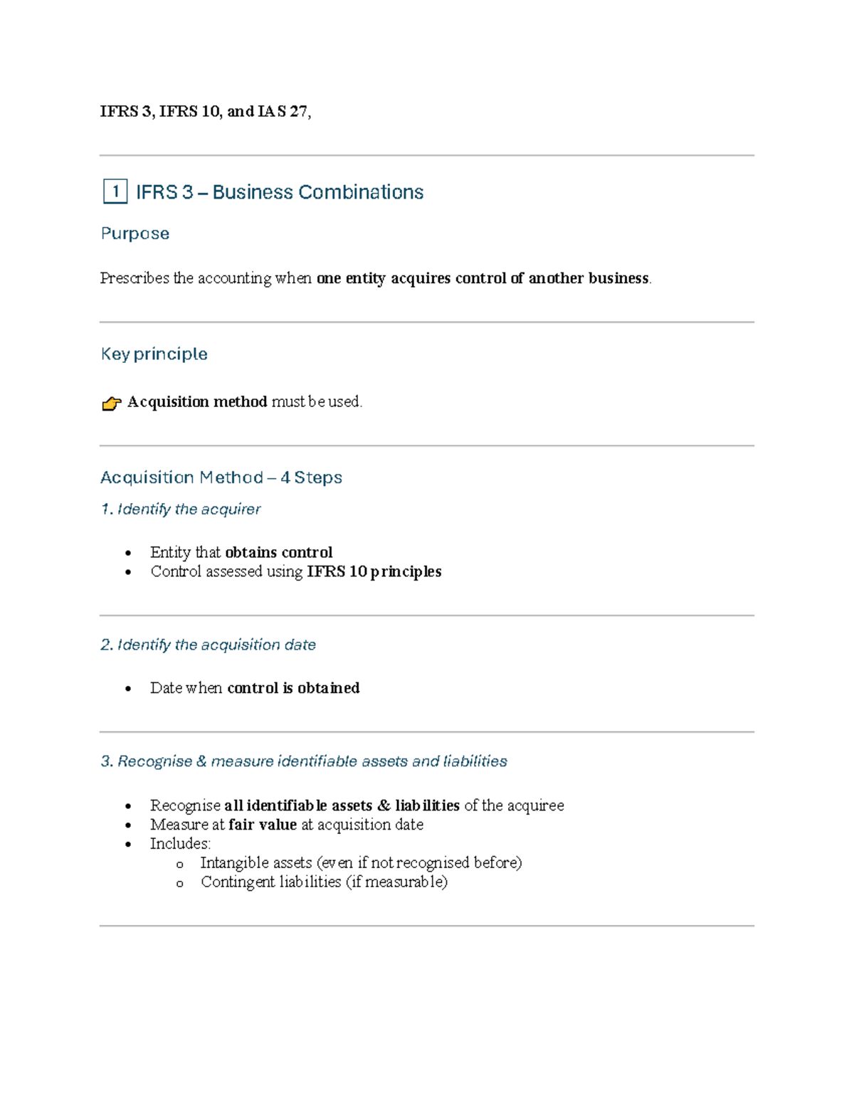 Detailed Summary Notes for Accounting: IFRS 3, IFRS 10, IAS 27 - Studocu