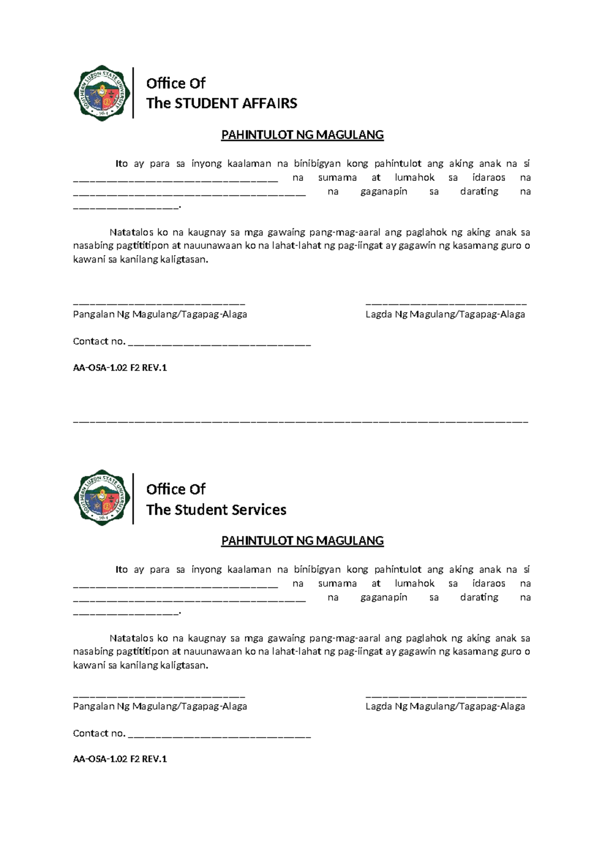Parents-waiver - Well - Office Of The STUDENT AFFAIRS PAHINTULOT NG ...