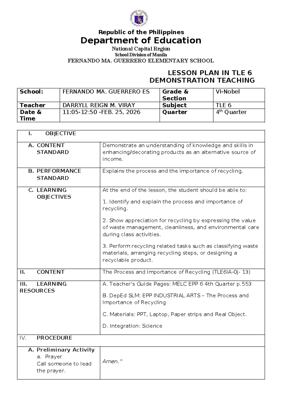 Lesson Plan in TLE 6: Understanding Recycling and Its Importance - Studocu