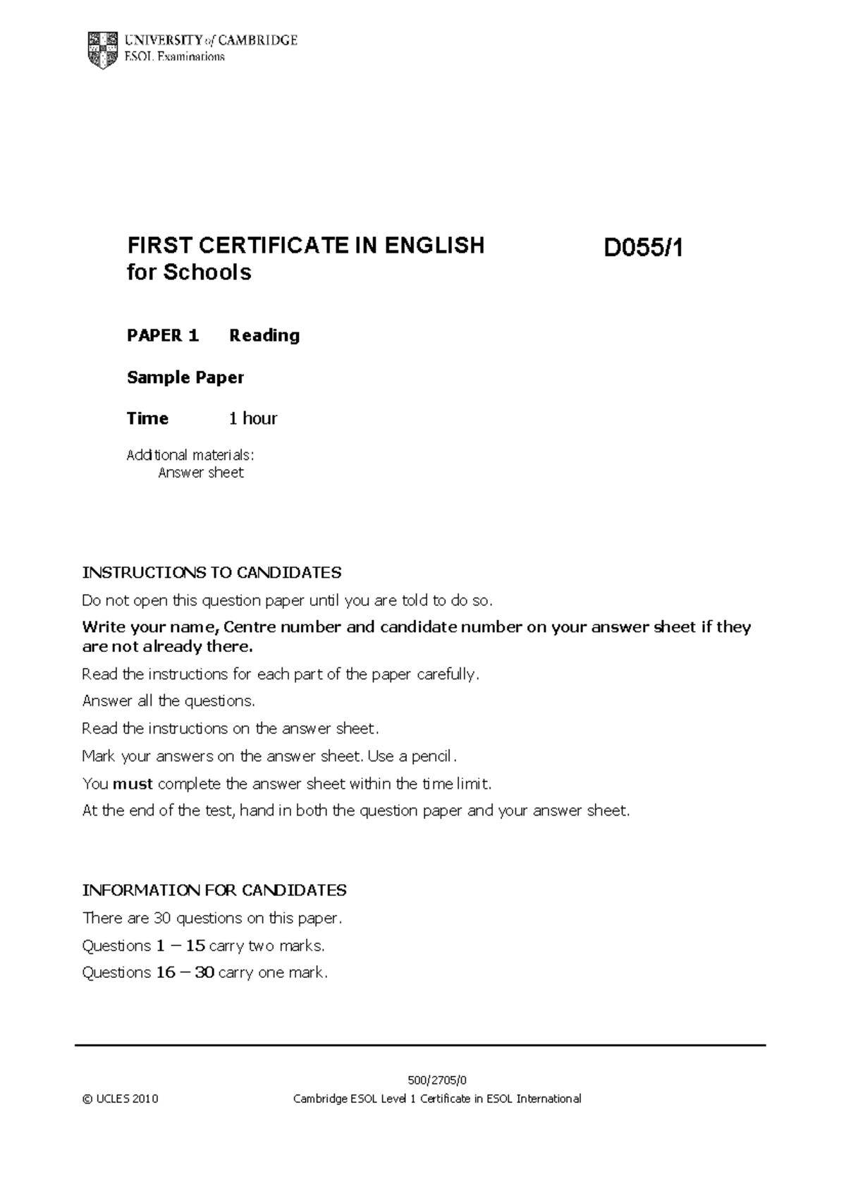 First for Schools Sample Reading Paper (D055/1) - Studocu