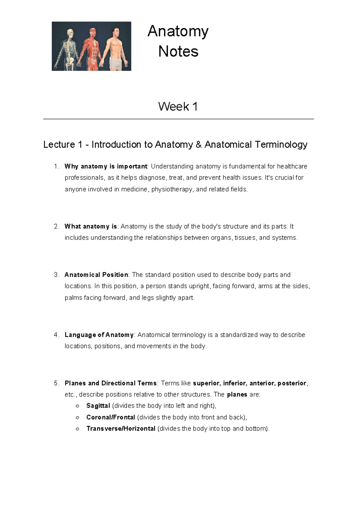 HUBS1108 Anatomy Notes: Week 1-3 Lectures on Body Structure and ...