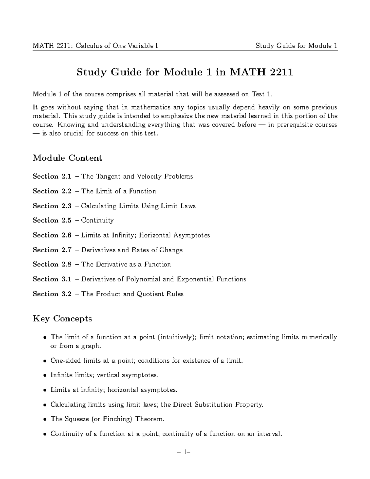 Study Guide for MATH-2211: Module 1 Overview and Key Concepts - Studocu