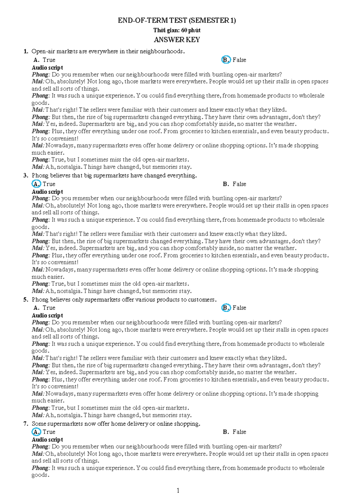 ANSWER KEY for TEST (SEMESTER 1) - Audio Script Insights - Studocu