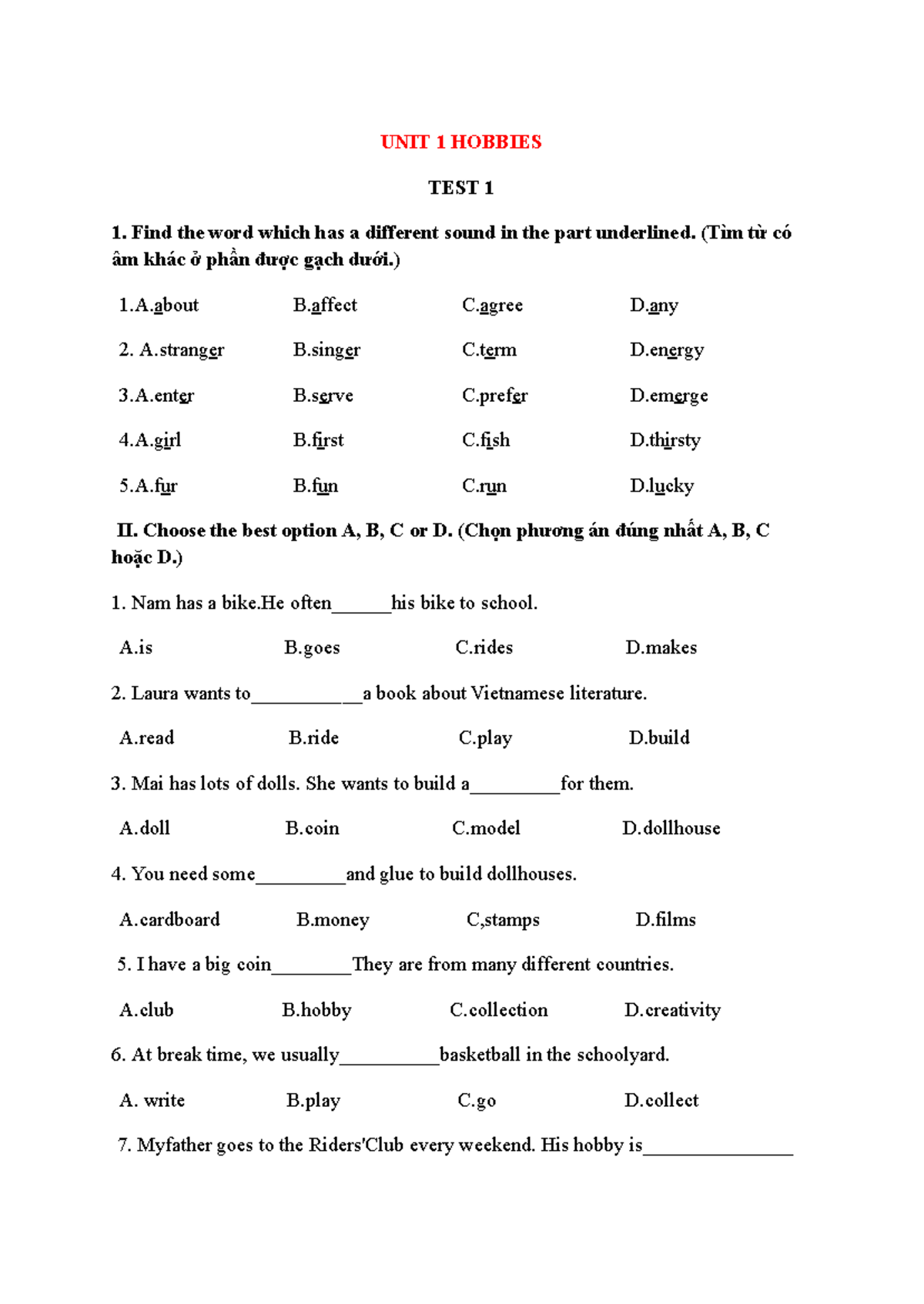 UNIT 1 HOBBIES TEST 1 - Listening & Grammar Practice - Studocu