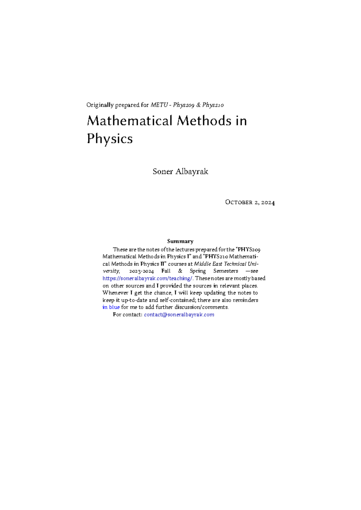 MAT209 & PHYS210 Lecture Notes: Mathematical Methods in Physics - Studocu
