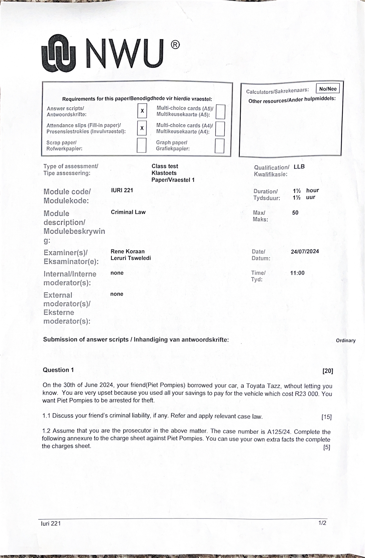 Iuri 221 - Iuri 221 test - W NWU R Requirements for this vir hierdie ...