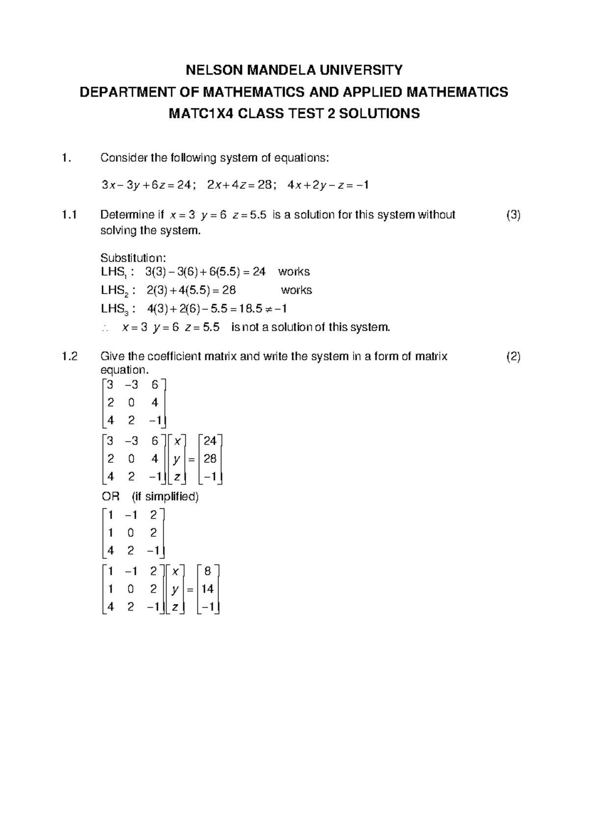 MATC1X4 Class Test 2 2023 Memo - NELSON MANDELA UNIVERSITY DEPARTMENT ...