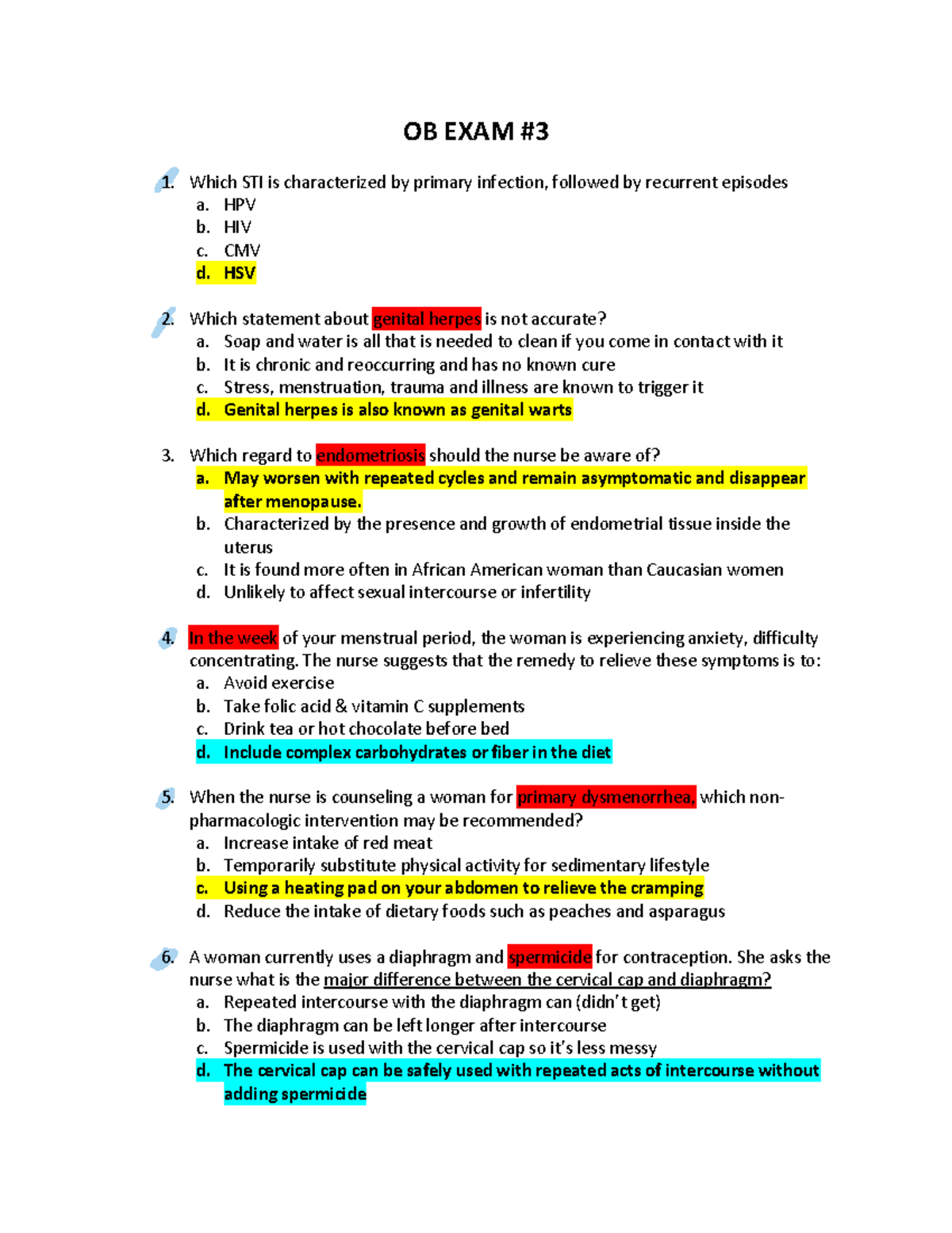 OB EXAM 3 Review: Key Concepts and Practice Questions - Studocu