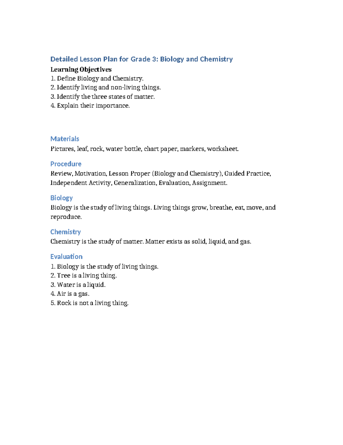 Grade 3 Detailed Lesson Plan: Biology & Chemistry Concepts - Studocu