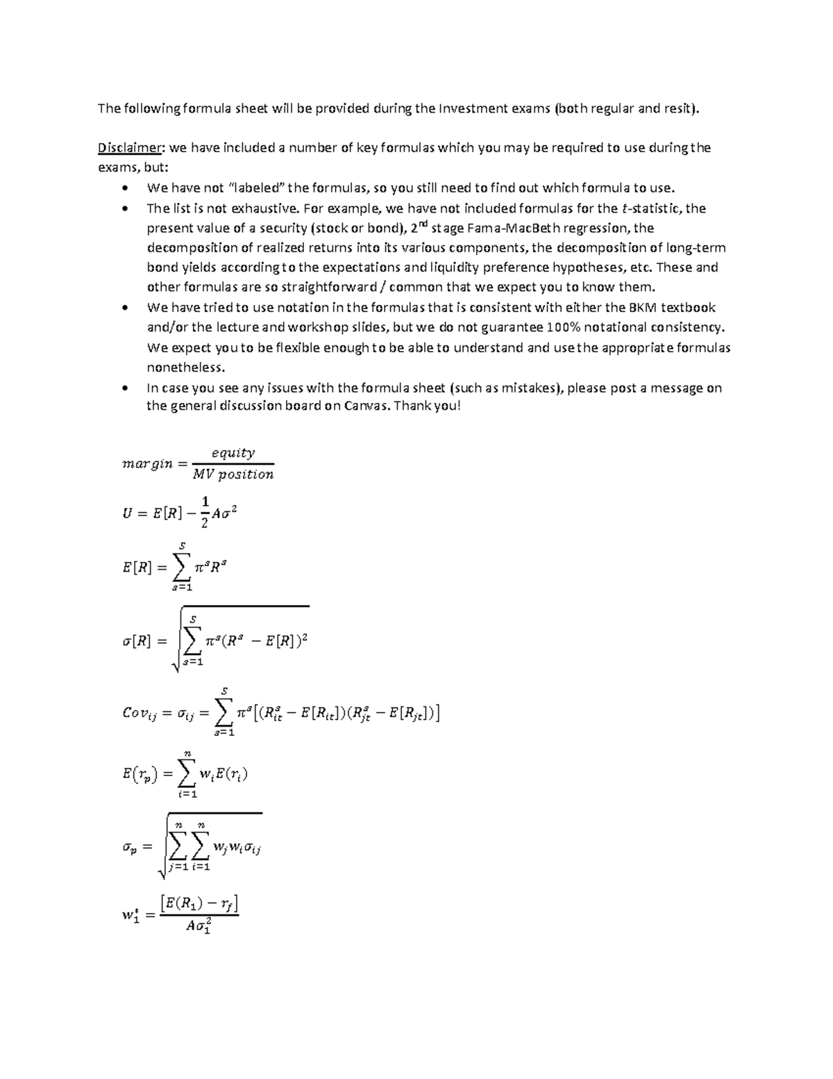 Investment Formula Sheet for Exam Review (Regular & Resit) - Studeersnel