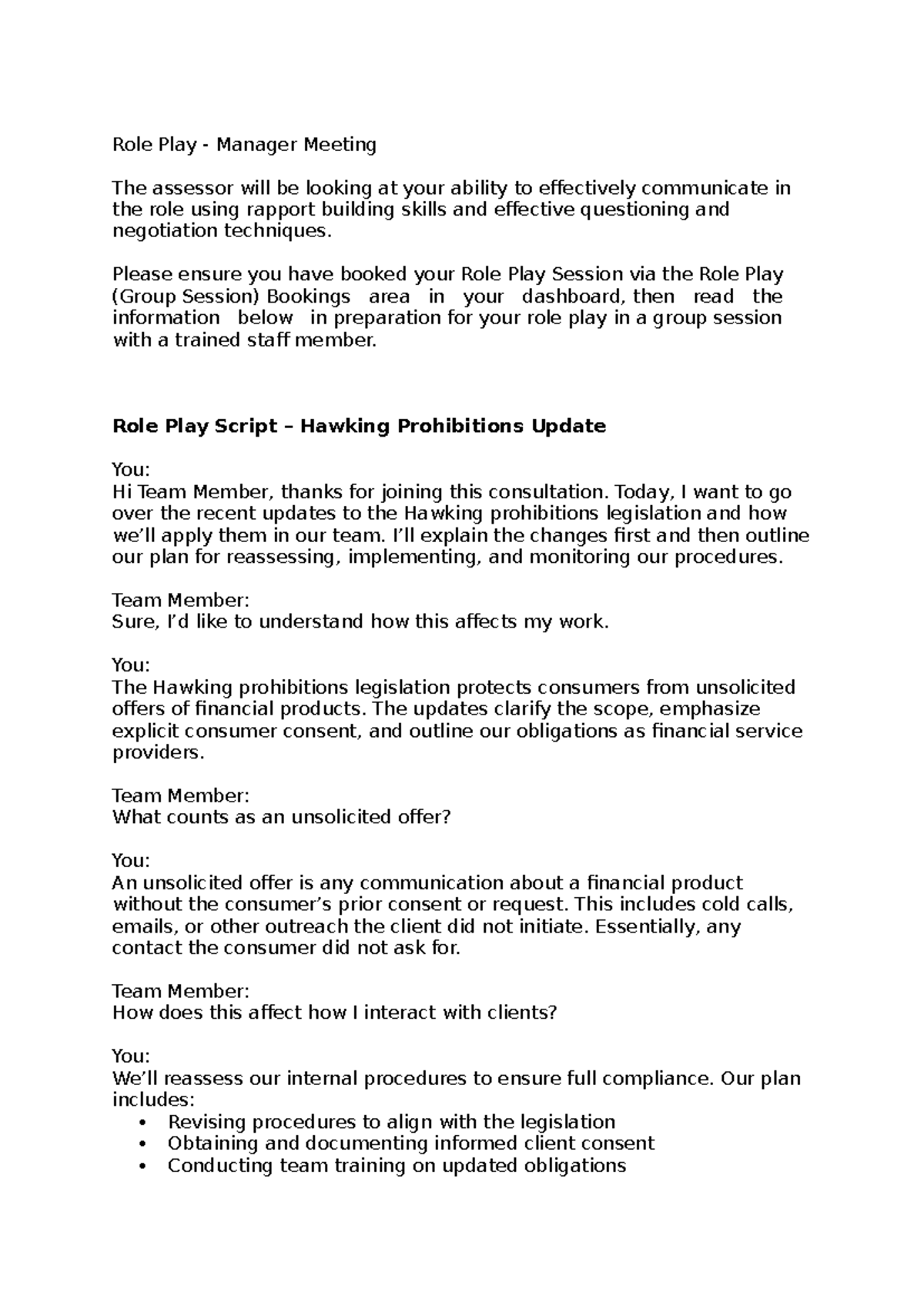 Role Play - Script for Manager Meeting on Hawking Prohibitions - Studocu