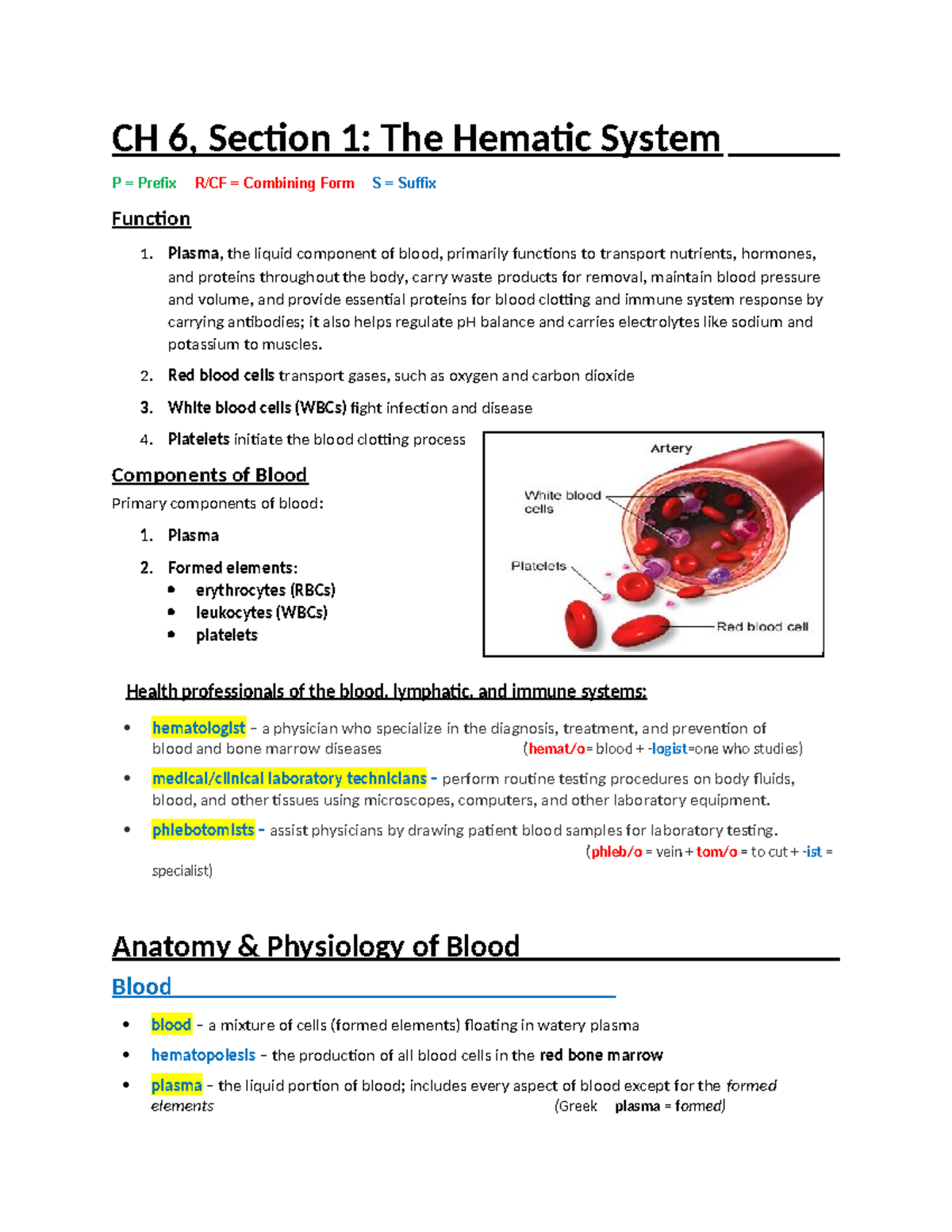 Blood and Hematic System Overview: Key Terms and Conditions - CH 6 ...