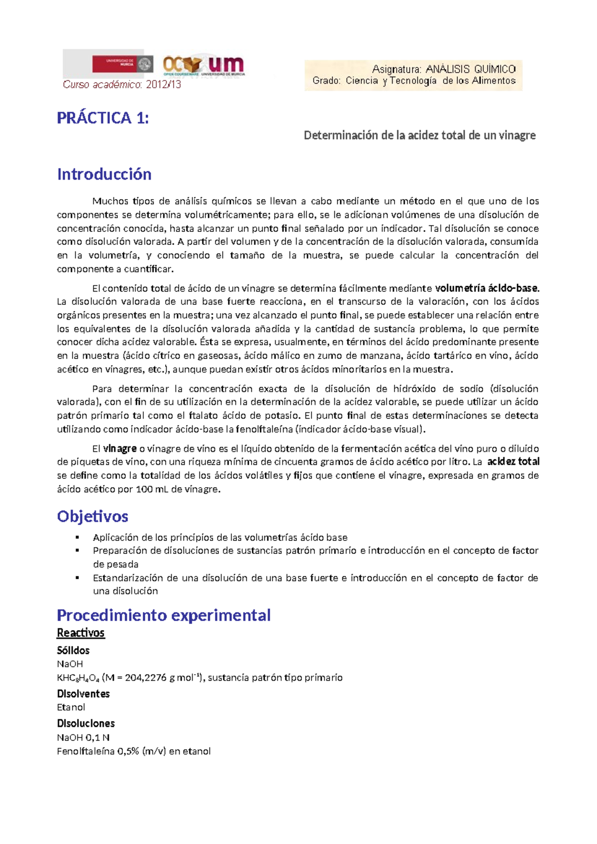 Práctica 1: Determinación de Acidez en Vinagre (Química) - Document Preview