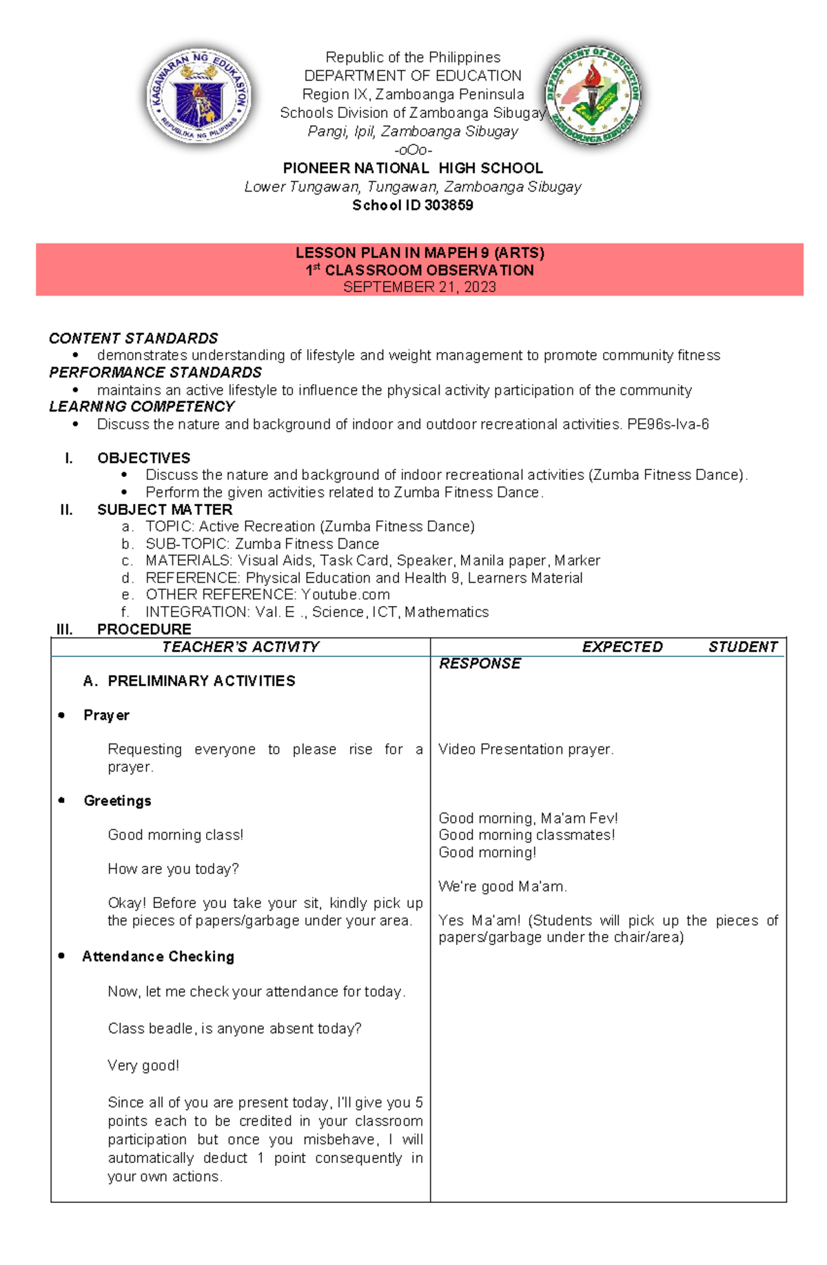 CO2 PE9 Q4 24-25 - Detailed Lesson Plan in Physical Education Grade 9 ...