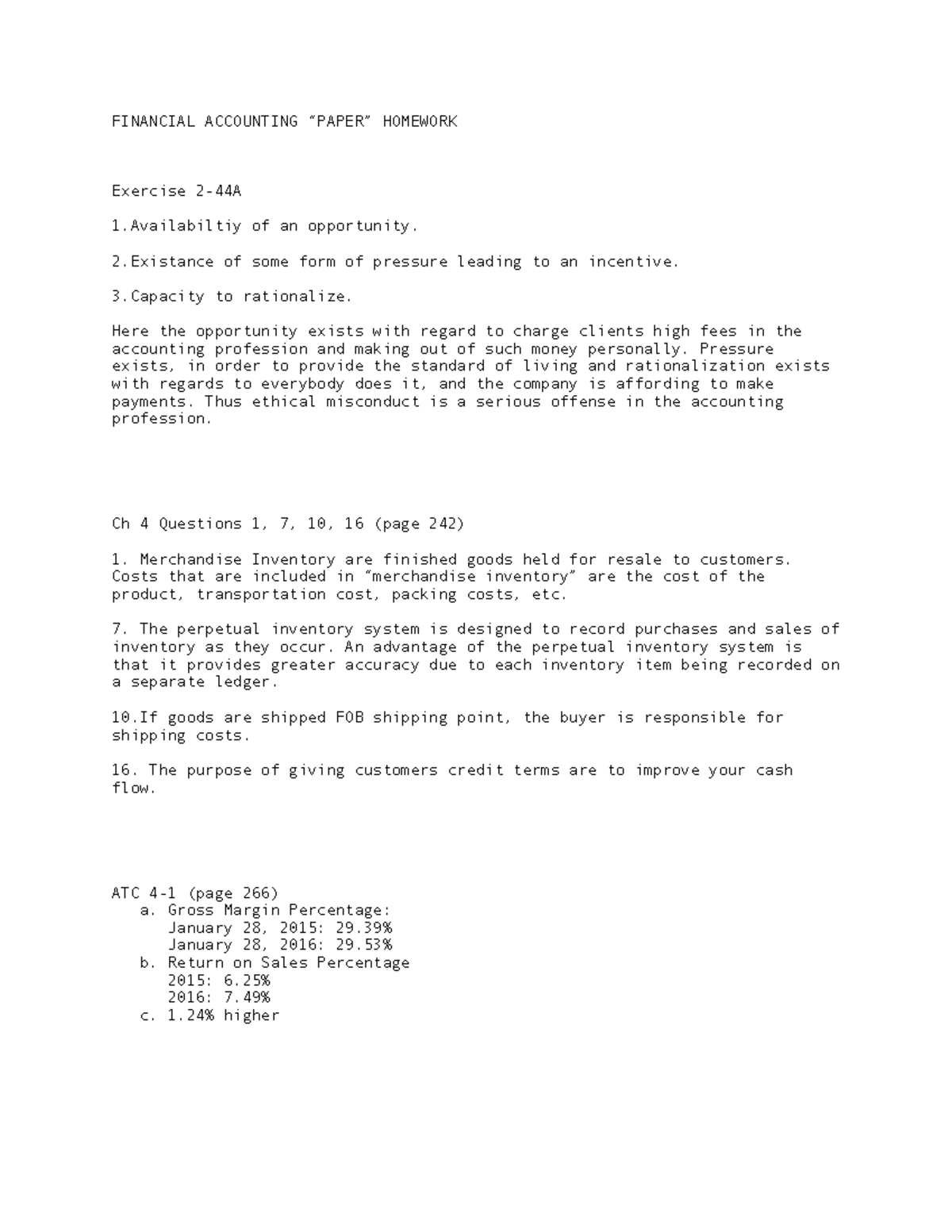 FIN ACC Homework - Chapter 4 Questions & Exercises Analysis - Studocu