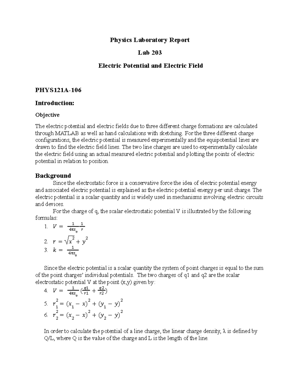 Lab 203 - Electric Potential & Field Analysis in PHYS121A Lab Report ...